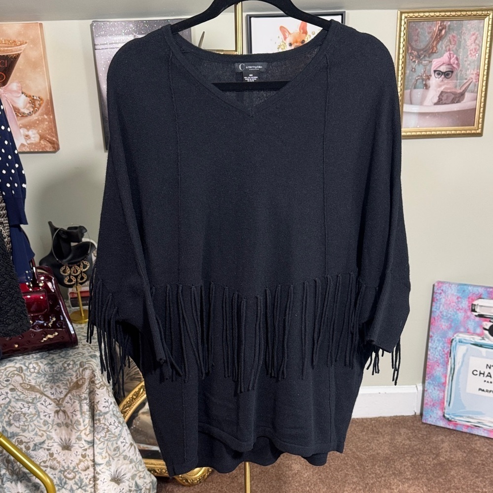 NWOT 100% Cashmere Bloomingdale's Black V-Neck Sweater Fringe Dolman Oversized
